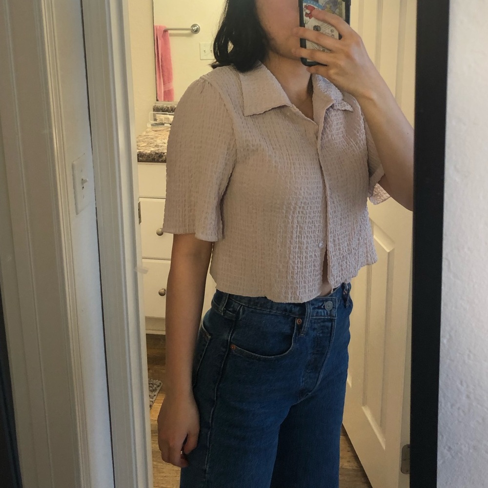 Shirred spring button up crop top